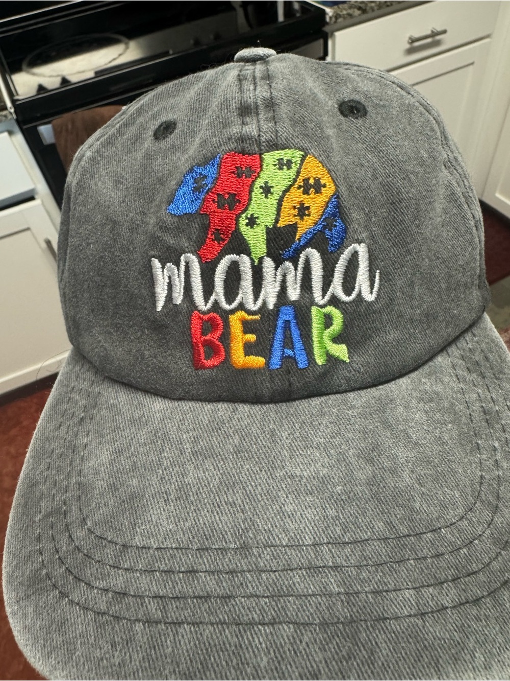 Mama Bear Distressed Gray Baseball Cap Puzzle Piece Embroidered Adjustable Hat - Picture 3 of 7
